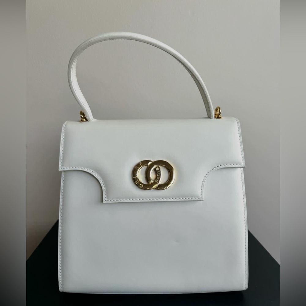 VINTAGE WHITE CELINE BAG AUTHENTIC WHITE/GOLD INTERLOCKING O TOP HANDLE BAG - Picture 3 of 10